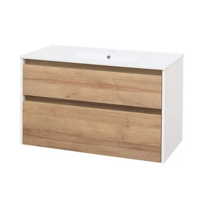Premium Opto, koupelnová skříňka s keramickým umyvadlem 101 cm, bílá/dub Riviera (CN932)