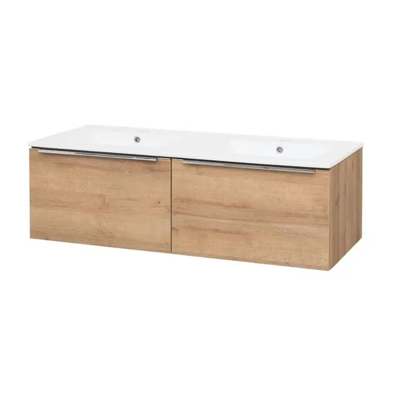 Koop Online Mailo, koupelnová skříňka s keramickým umyvadlem 121 cm, dub Riviera, úchytka chrom (CN528)