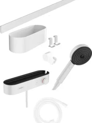 Betrouwbaar WallStoris sada ruční sprcha 105 3jet Activation EcoSmart, termostat, nástěnná tyč 70 cm a sada pro odkládání, matná bílá (24250700)