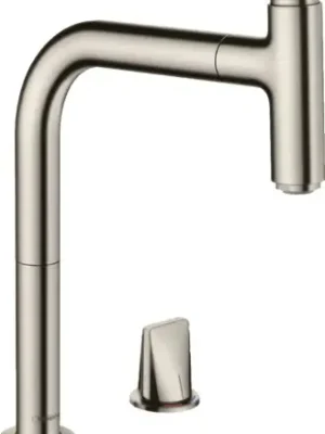 Speciale Aanbieding Metris Select M71 - dvouotvorová kuchyňská páková baterie 200, vytahovatelný výtok, 1jet, sBox, nerez (73804800)