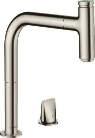 Speciale Aanbieding Metris Select M71 - dvouotvorová kuchyňská páková baterie 200, vytahovatelný výtok, 1jet, sBox, nerez (73804800)