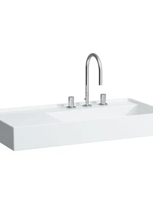 Laatste Kans Kartell by Laufen - umyvadlo 90x46, odkládací plocha vlevo, broušená spodní část, bez otvoru pro baterii, se skrytým odpadem, bílá matná (H8183397571121)