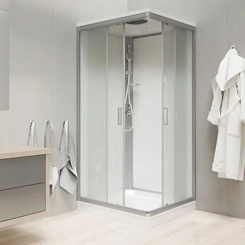 Sprchový box, čtvercový, 90 cm, satin ALU, sklo Point, zadní stěny bílé, litá vanička, se stříškou (CK34122KMSW) Lage Kosten