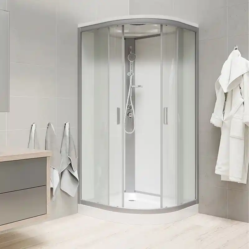 Hoge Kwaliteit Sprchový box, čtvrtkruh, 90 cm, satin ALU, sklo Point, zadní stěny bílé, SMC vanička, se stříškou (CK35122KBSW)
