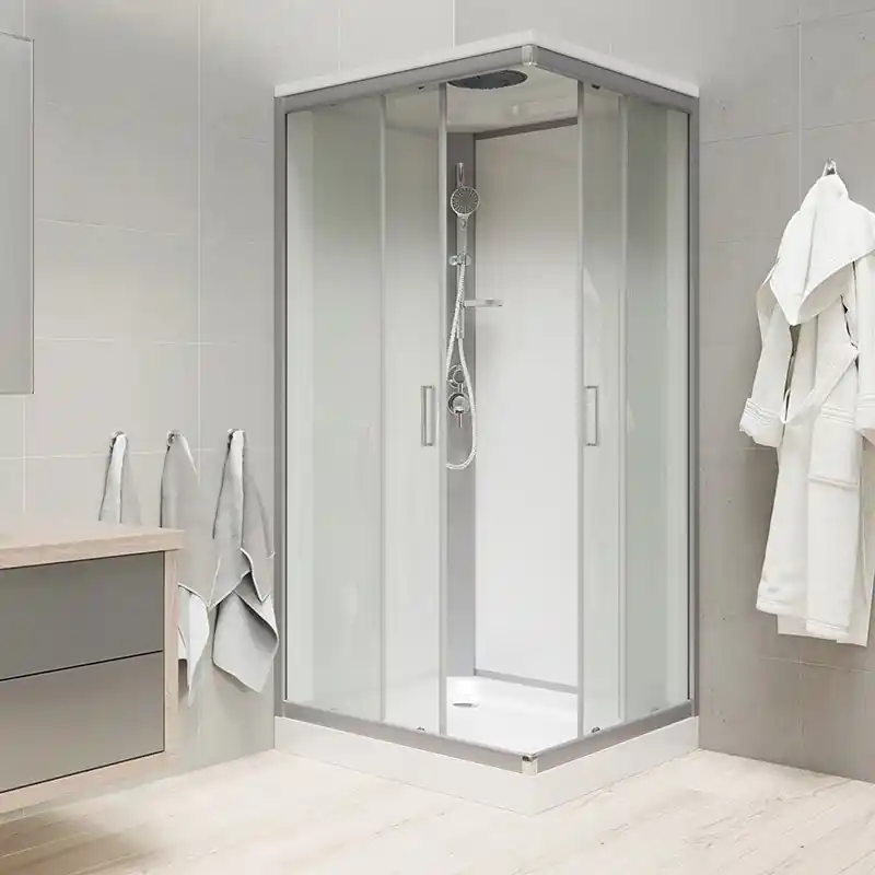 Gereduceerde Prijs Sprchový box, čtvercový, 90 cm, satin ALU, sklo Point, zadní stěny bílé, SMC vanička, se stříškou (CK34122KBSW)