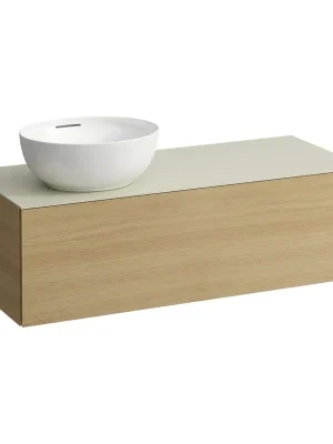 Aanbieding Alessi One - zásuvkový element 1200, s jednou zásuvkou, s výřezem vlevo, top Calce Avorio vč. otvoru pro baterii, pro umyvadlo H818975/6, světlý dub (H4313160972501)