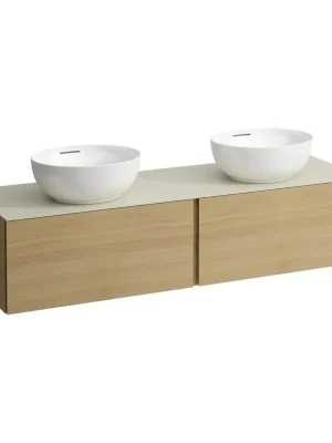 Alessi One - zásuvkový element 1600, se 2 zásuvkami, s výřezem vlevo a vpravo, top Calce Avorio vč. otvoru pro baterii, pro umyvadla H818975/6, H818977/8, světlý dub (H4313570972501) Seizoensaanbieding