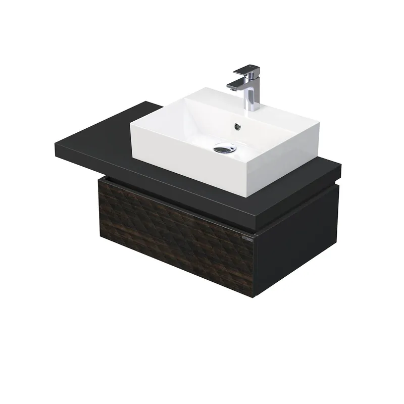 Desk 3D - skříňka 90 cm s umyvadlem na desku vpravo, 1 zásuvka, závěsná, dřevodekor (DE 54 3D 90 P STORM 1Z LR29) Snelle Levering