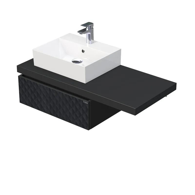 Tovární Cena Desk 3D - skříňka 110 cm s umyvadlem na desku vlevo, 1 zásuvka, závěsná, černá (DE 54 3D 110 L STORM 1Z U129)
