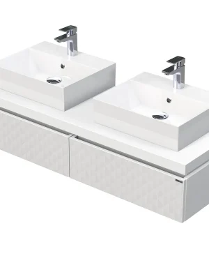 Desk 3D - skříňka 140 cm s 2 umyvadly na desku, 2 zásuvky, závěsná, bílá (DE 54 3D 140 D STORM 2Z B073) Exclusieve Akce