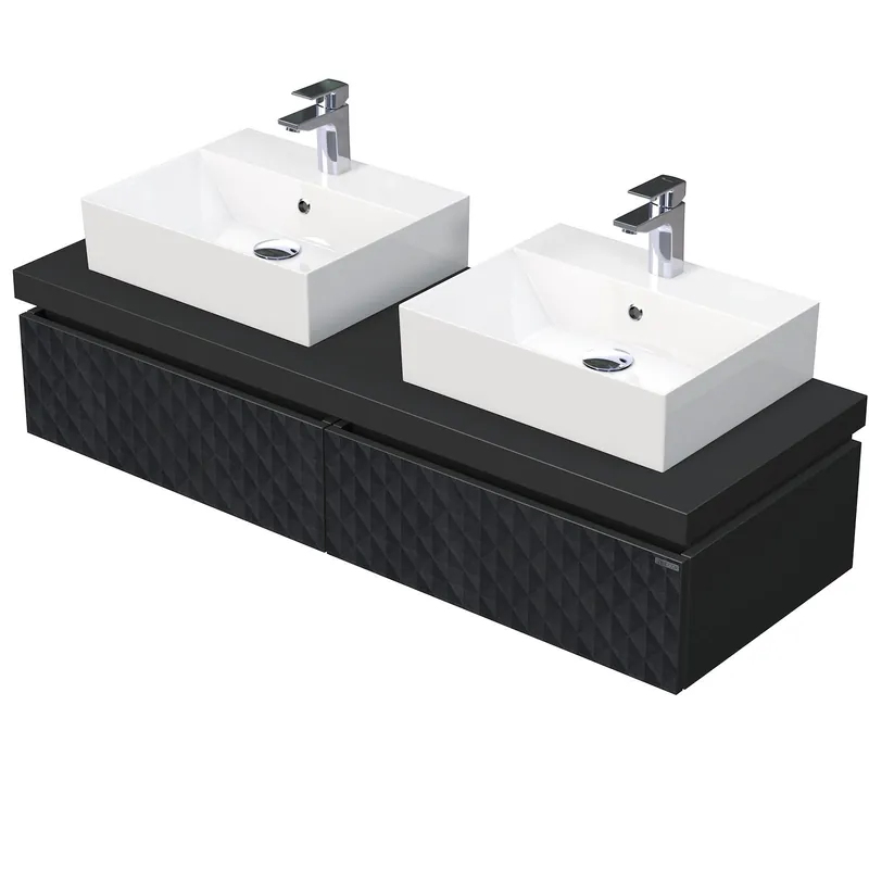Levný Desk 3D - skříňka 140 cm s 2 umyvadly na desku, 2 zásuvky, závěsná, černá (DE 54 3D 140 D STORM 2Z U129)