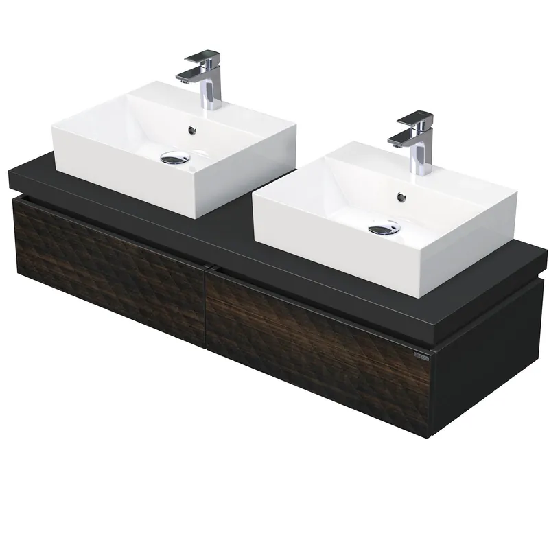 Desk 3D - skříňka 140 cm s 2 umyvadly na desku, 2 zásuvky, závěsná, dřevodekor (DE 54 3D 140 D STORM 2Z LR29) Gratis Retour