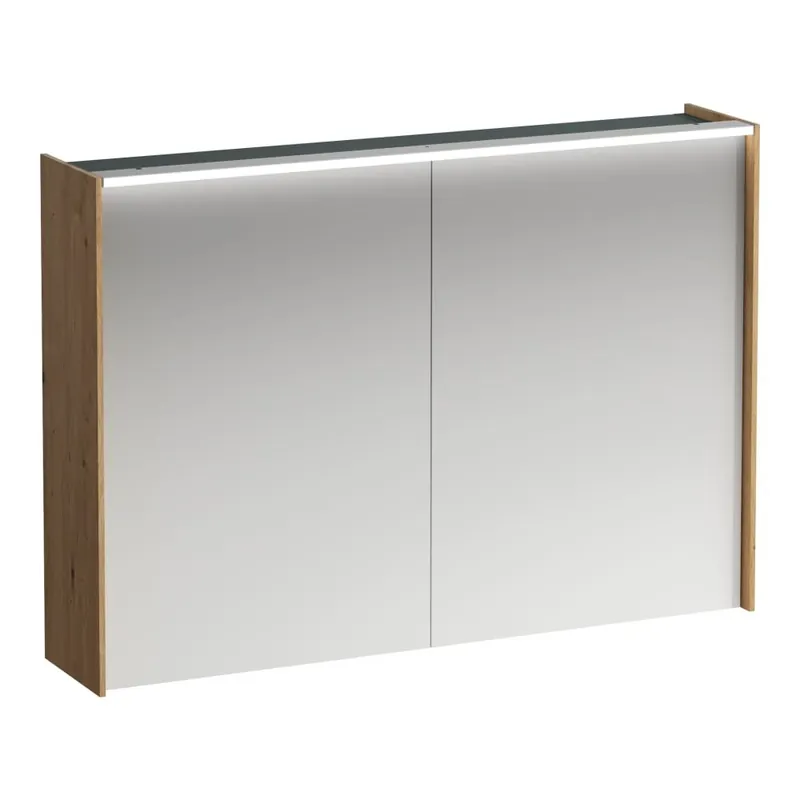 Finale Uitverkoop Lani - zrcadlová skříňka, 100 cm, 2 dvířka, s vodorovným LED osvětlením, 2 skleněné poličky, el. zásuvka, divoký dub (H4037921122671)