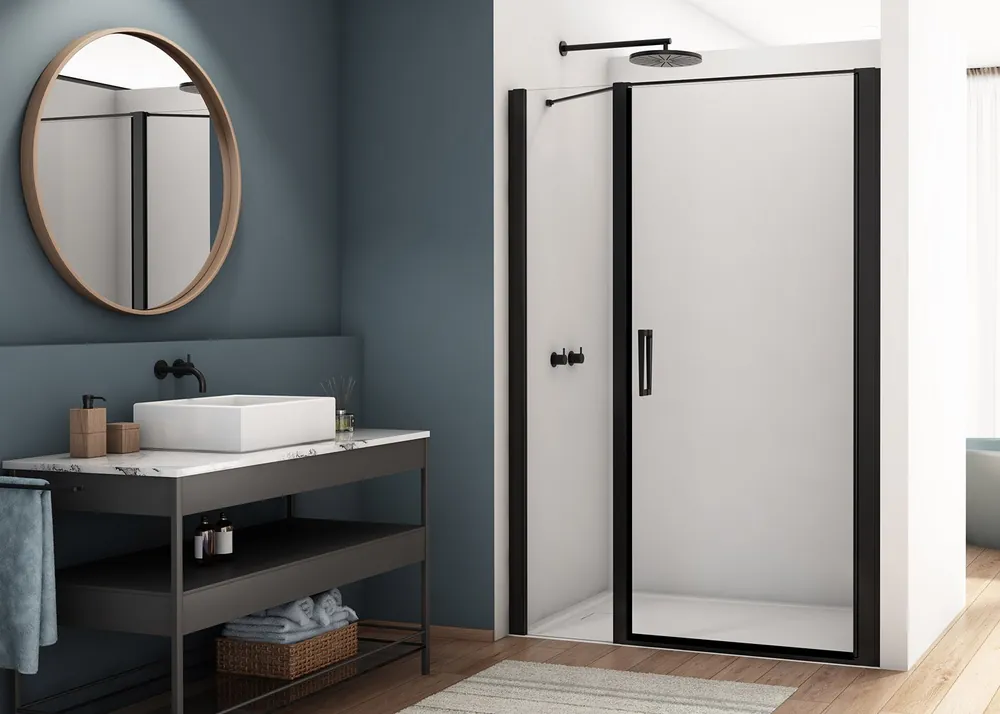 Populair D22T31 - jednokřídlé dveře s pantem u zdi a s pevnou stěnou v rovině 150 cm (dveře 100 cm), profil černý (D22T311005006)