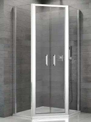 ROZBALENO TOP52 - pětiúhelníkový kout s dvoukřídlými dveřmi 90x90 cm, vstup 50,8 cm, rám elox, sklo čiré (VÝPRODEJ TOP5260900107) Express Levering