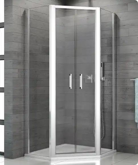 ROZBALENO TOP52 - pětiúhelníkový kout s dvoukřídlými dveřmi 90x90 cm, vstup 50,8 cm, rám elox, sklo čiré (VÝPRODEJ TOP5260900107) Expresní Doručení