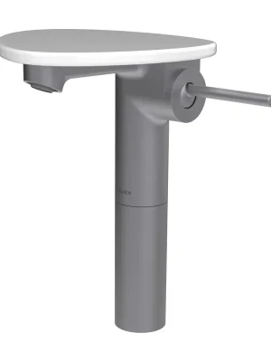 ADA - umyvadlová stojánková páková baterie vysoká s výtokem 110 mm, bez výpusti, včetně poličky bez otvoru, PVD inox/bílá lesk (HF506714501060) Weekendaanbieding