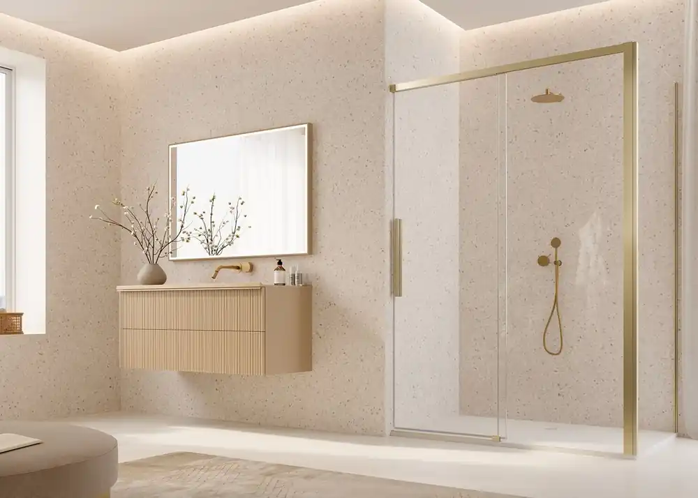 D36F3 - boční stěna 90 cm, pro montáž v 90°na straně pevné stěny, gold brushed (D36F30901307) Snelle Levering