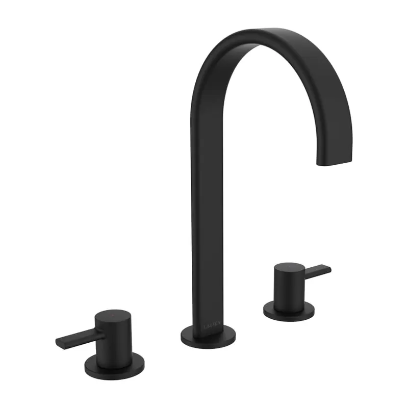 Meda - umyvadlová tříotvorová stojánková baterie, s kulatým výtokem, pevný výtok 150 mm, bez automatické výpusti, černá matná (HF506617428000) Exclusieve Aanbieding