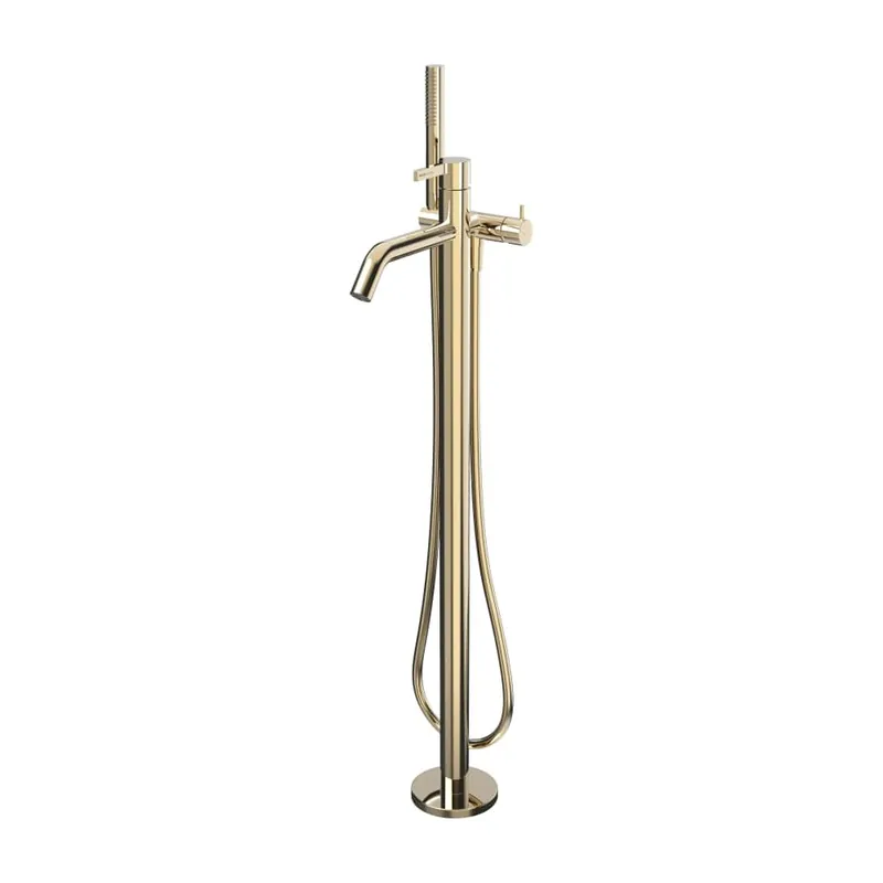 Alleen Vandaag Kartell by Laufen - vanová páková baterie, montáž na podlahu, pevný výtok 203 mm, včetně hadice a sprchy, zlatá lesklá (H3213380011211)