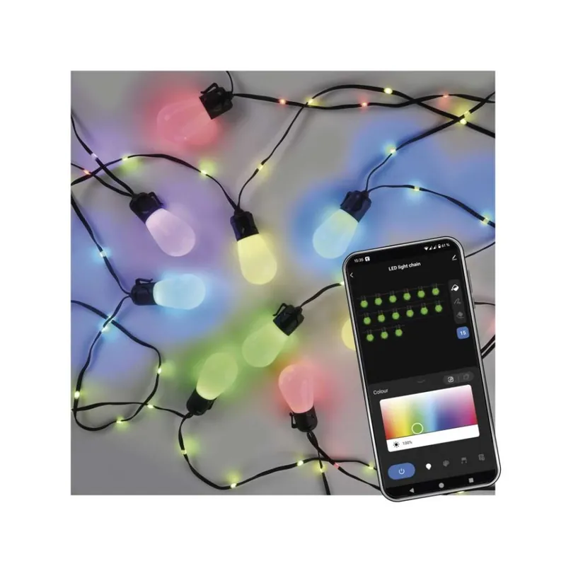 GoSmart LED světelný řetěz – 15× párty žárovky, 15 m, venkovní i vnitřní, RGBIC WiFi Shop Nu