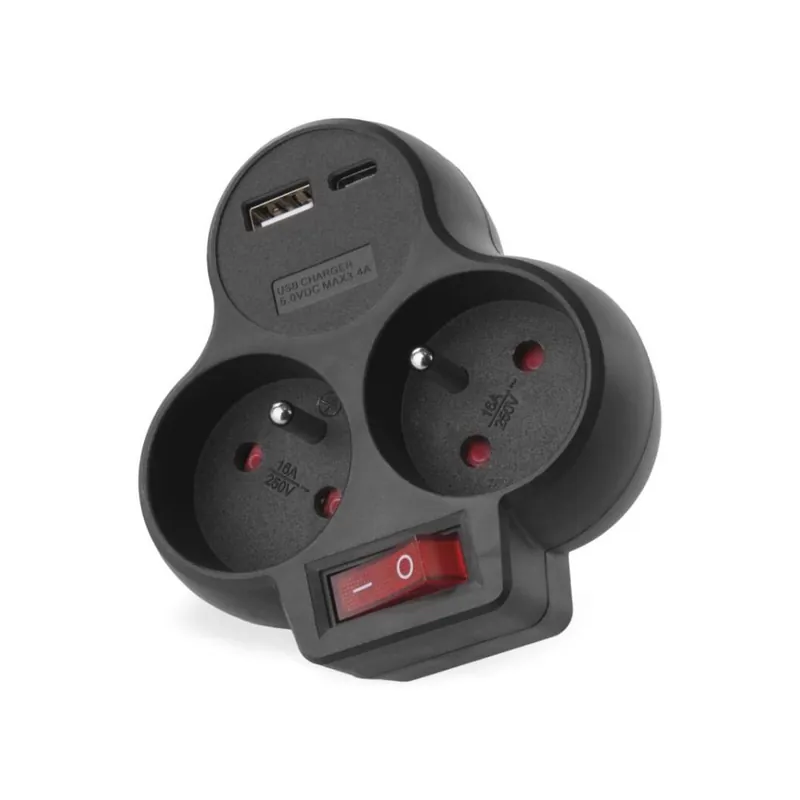 Rozbočovací zásuvka 2×, vyp., 1×USB-A+1×USB-C, černá Seizoensaanbieding