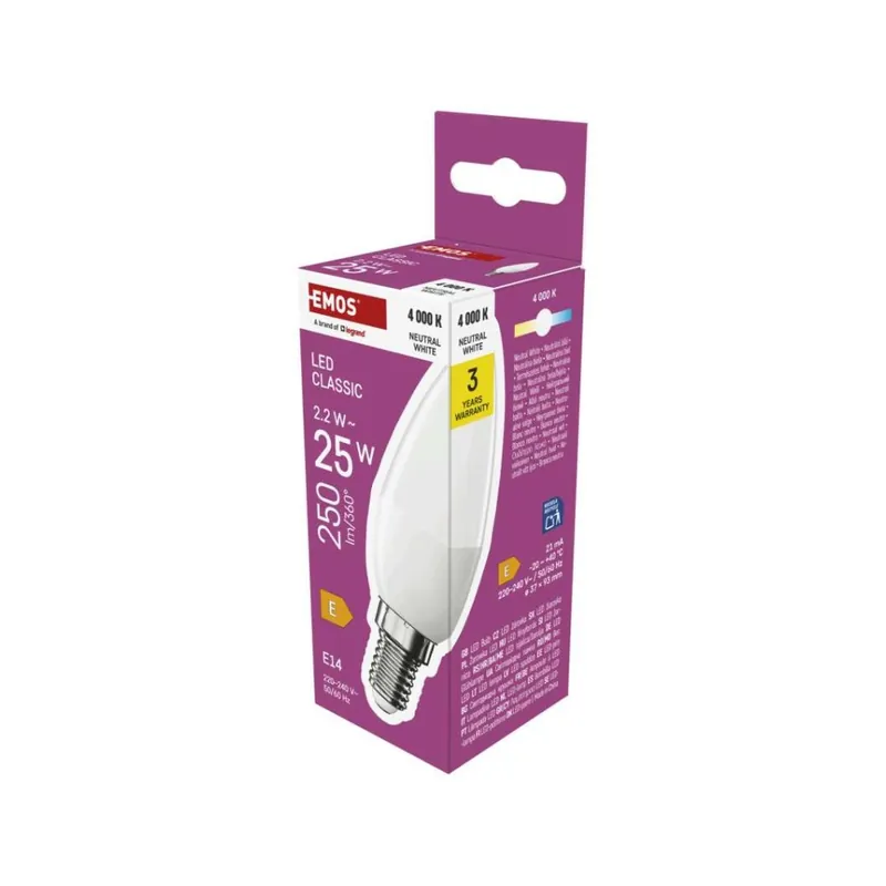 Gecertificeerd LED žárovka Classic svíčka / E14 / 2,2 W (25 W) / 250 lm / neutrální bílá