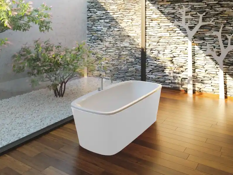 Volně stojící vana s panelem Santech BEVEL 180 x 86 cm matný bílý povrch panelu Alleen Vandaag